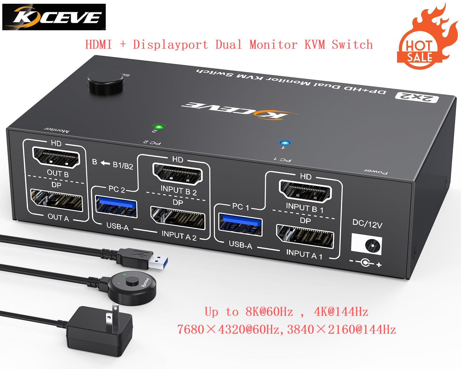 Hdmi Kvm Switch 4 Port Dual Monitor - 4K@144Hz KVM Switch 2 Monitors 2